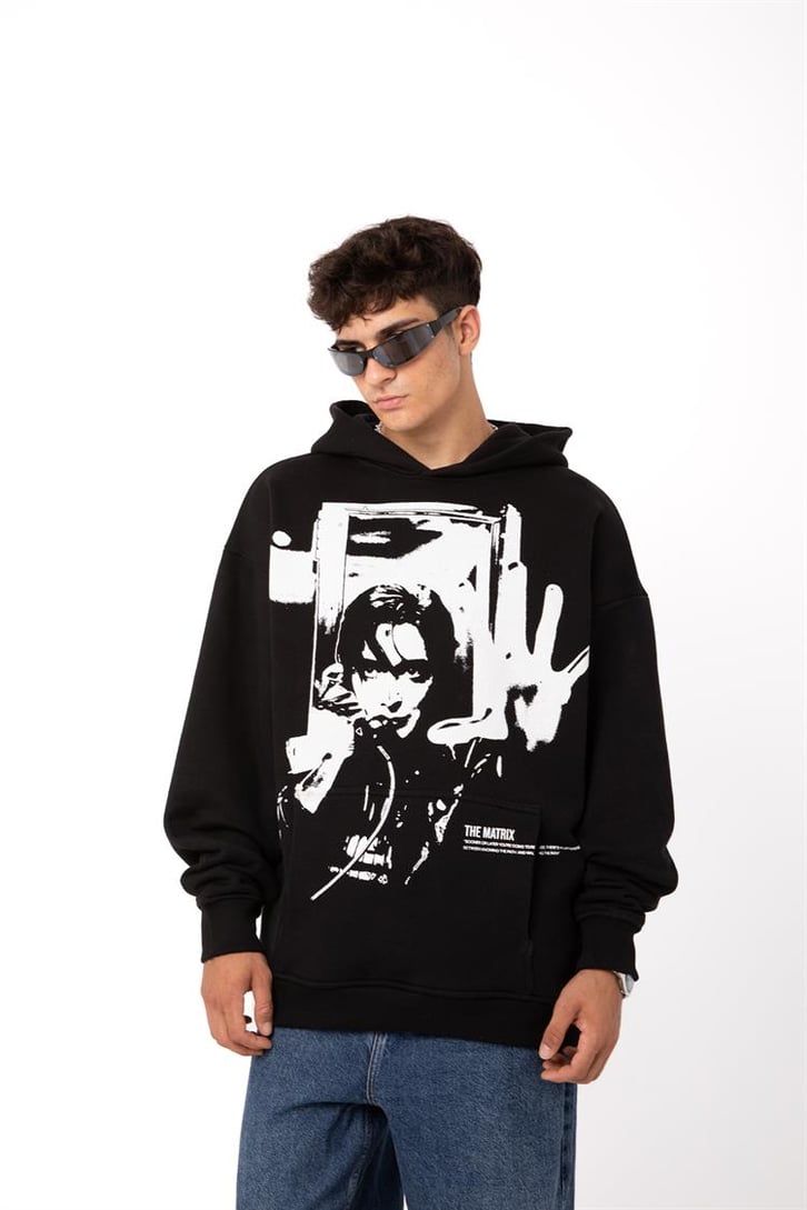 Premium The Matrix Baskılı Siyah Oversize Hoodie