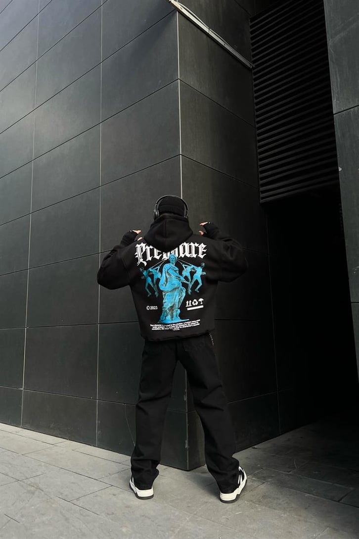 Pressure Sırt Baskılı Siyah Oversize Hoodie