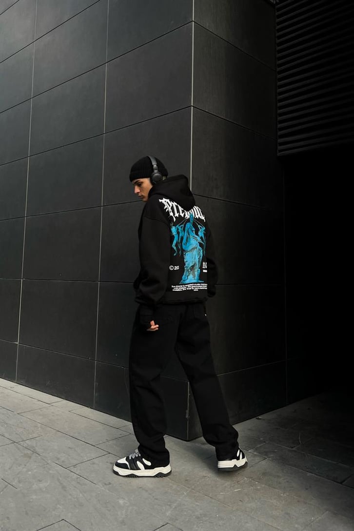 Pressure Sırt Baskılı Siyah Oversize Hoodie