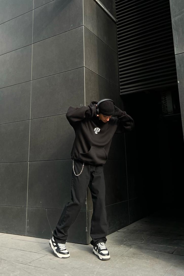 Pressure Sırt Baskılı Siyah Oversize Hoodie