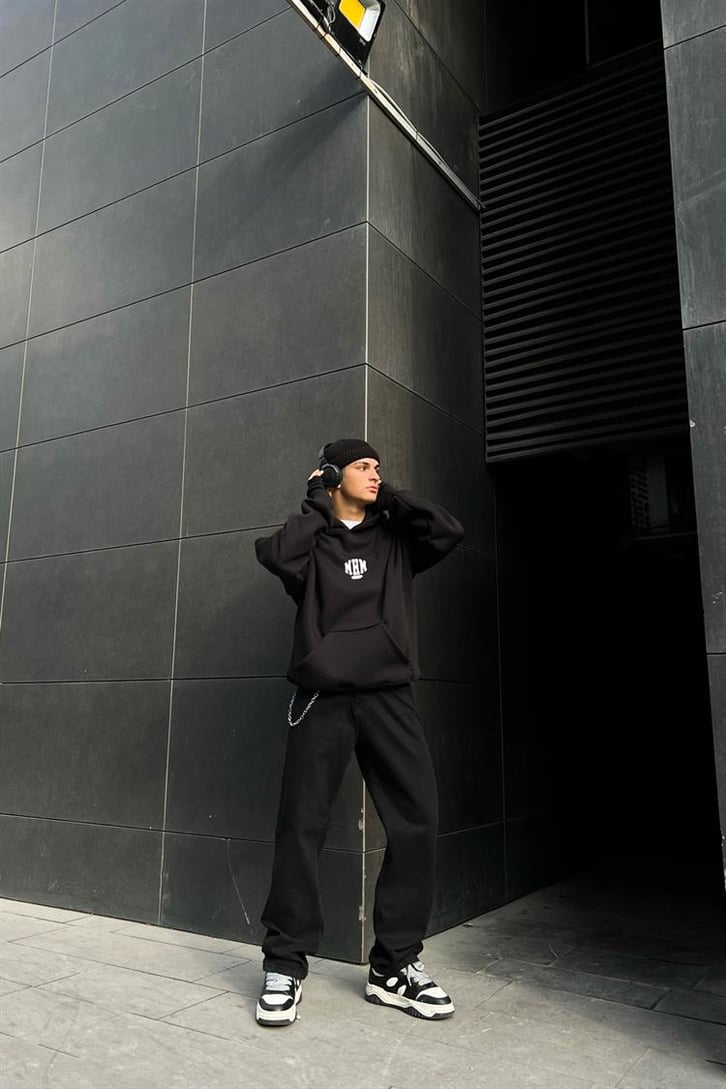 Pressure Sırt Baskılı Siyah Oversize Hoodie