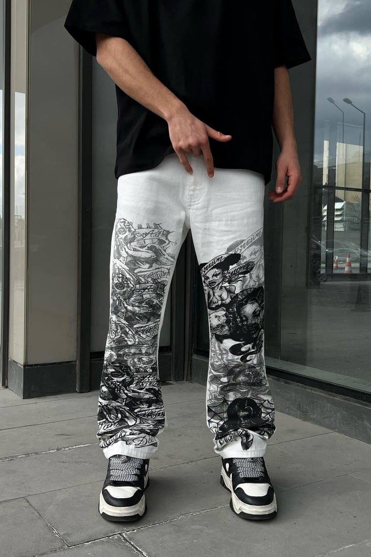 Printed Ekru Regular Fit Jean