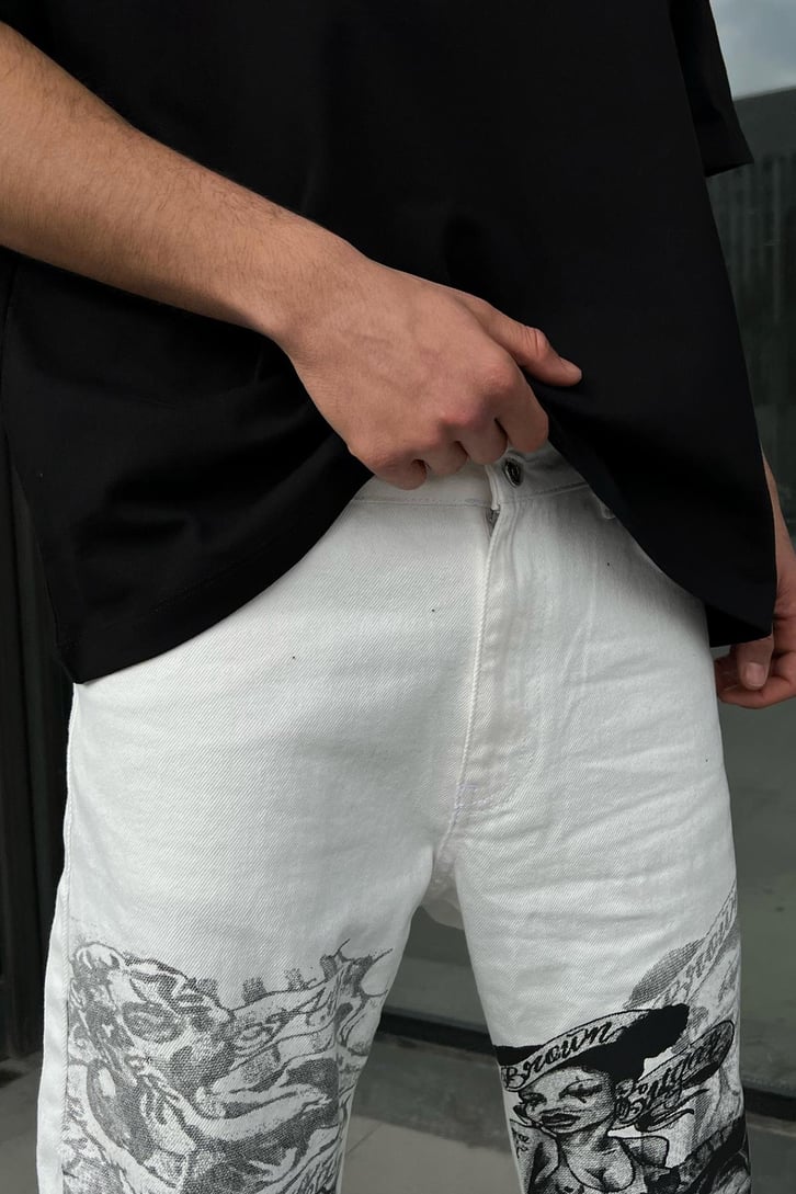 Printed Ekru Regular Fit Jean
