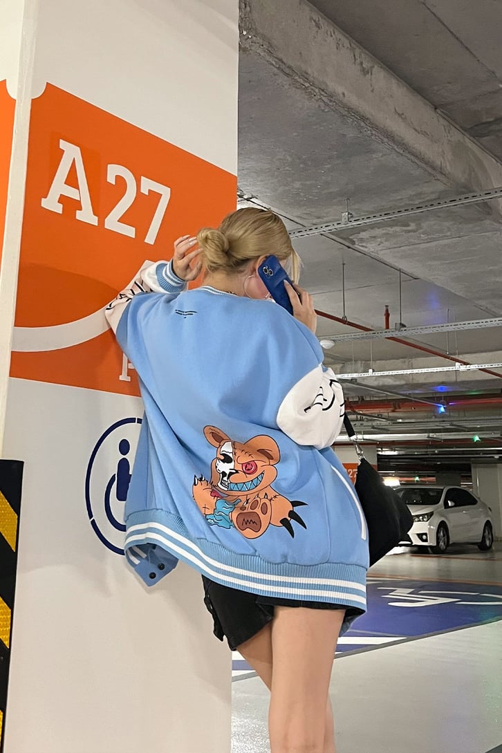 Psycho Bear Baskılı Bebek Mavisi Kolej Ceket