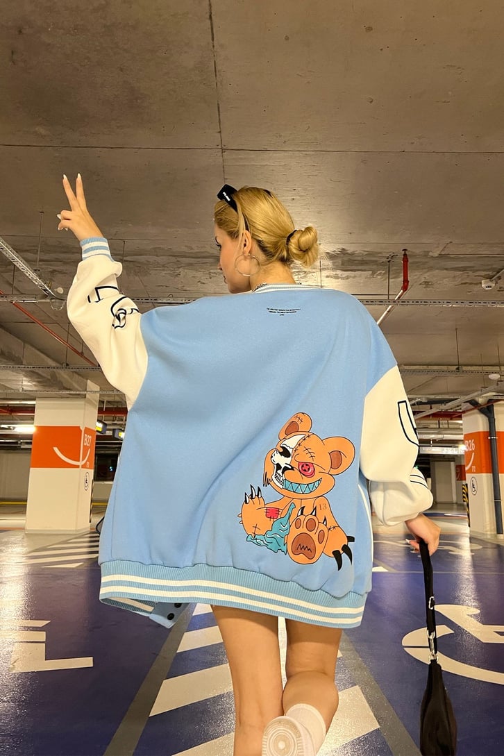 Psycho Bear Baskılı Bebek Mavisi Kolej Ceket