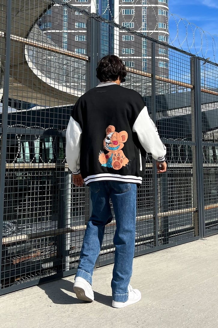 Psycho Bear Baskılı Siyah Kolej Ceket