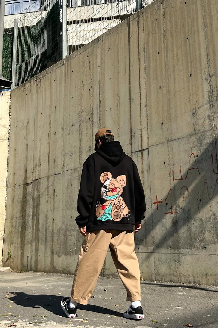 Psycho Bear Sırt Baskılı Siyah İçi Pamuklu Oversize Hoodie