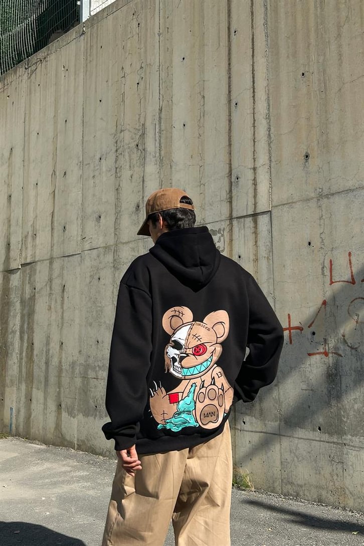 Psycho Bear Sırt Baskılı Siyah İçi Pamuklu Oversize Hoodie