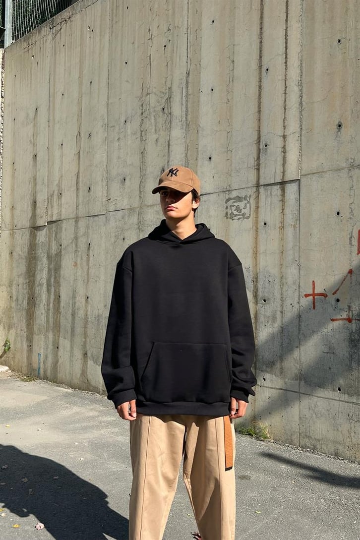 Psycho Bear Sırt Baskılı Siyah İçi Pamuklu Oversize Hoodie