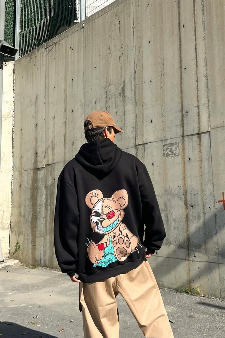 Psycho Bear Sırt Baskılı Siyah İçi Pamuklu Oversize Hoodie
