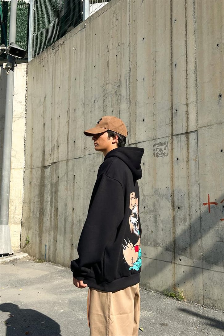 Psycho Bear Sırt Baskılı Siyah İçi Pamuklu Oversize Hoodie
