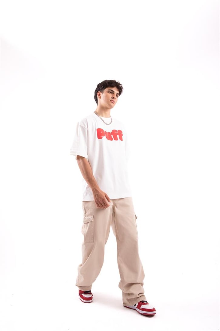 Puff Baskılı Beyaz Oversize Tshirt