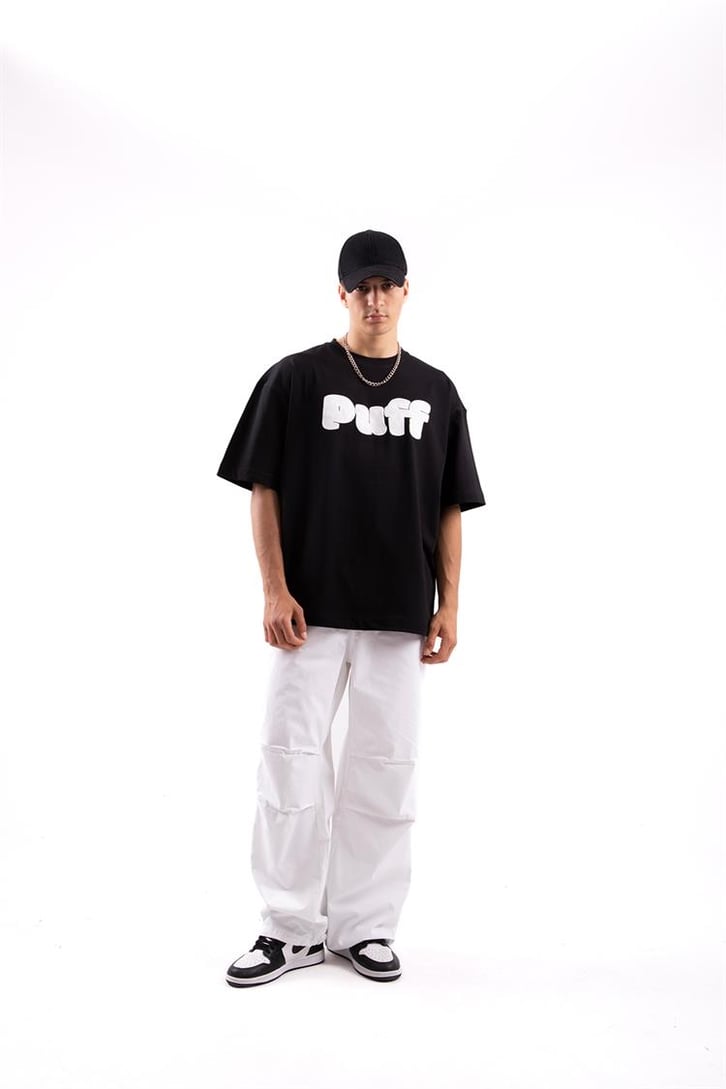 Puff Baskılı Siyah Oversize Tshirt