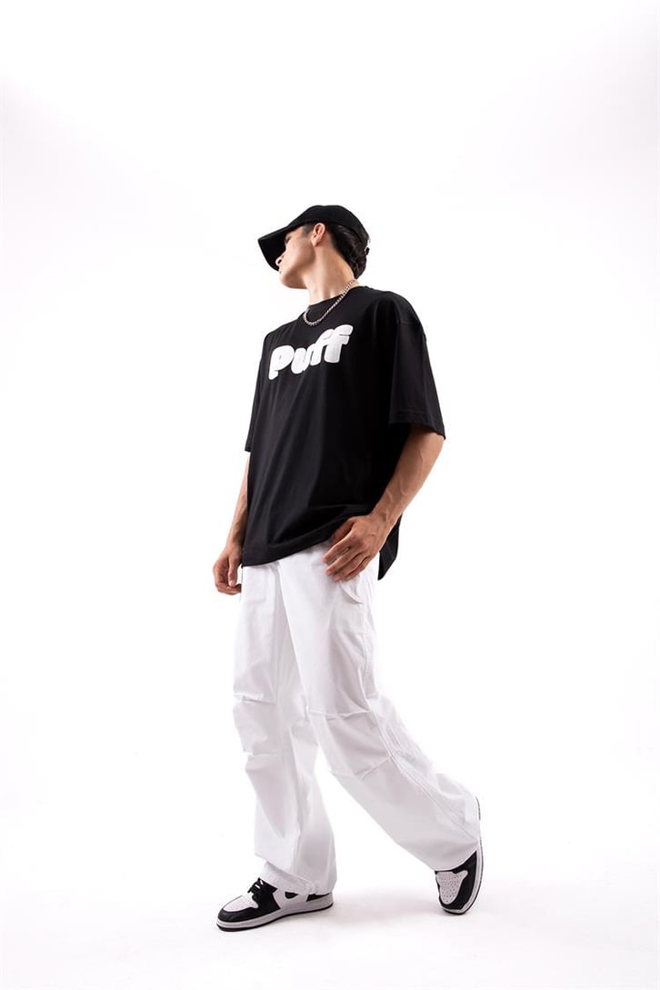 Puff Baskılı Siyah Oversize Tshirt