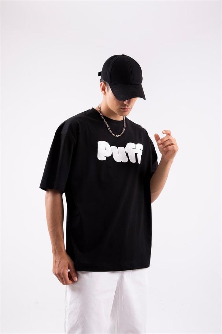 Puff Baskılı Siyah Oversize Tshirt