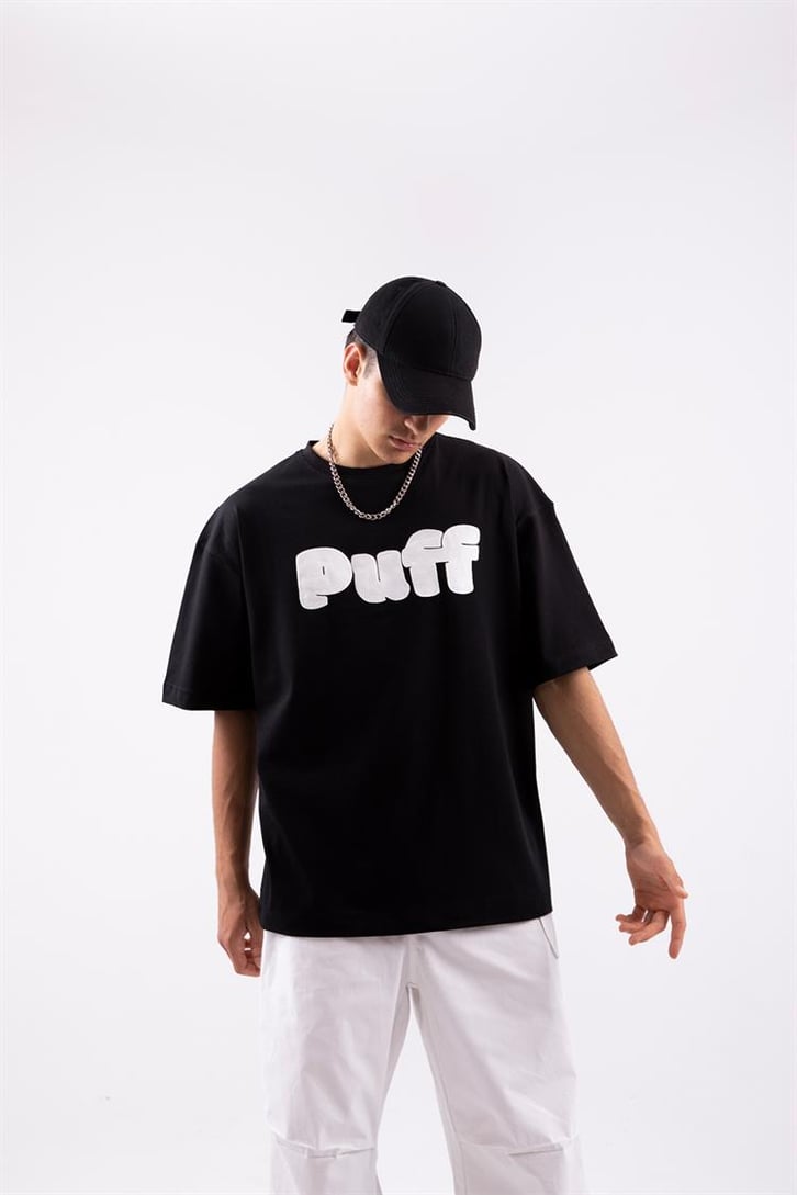 Puff Baskılı Siyah Oversize Tshirt