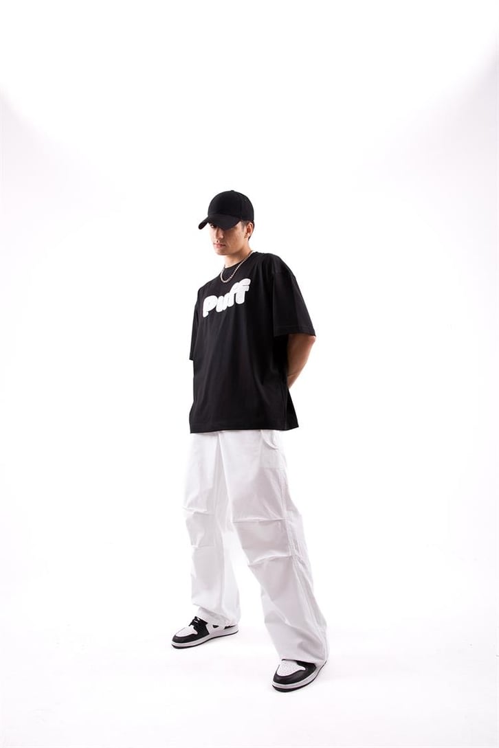 Puff Baskılı Siyah Oversize Tshirt