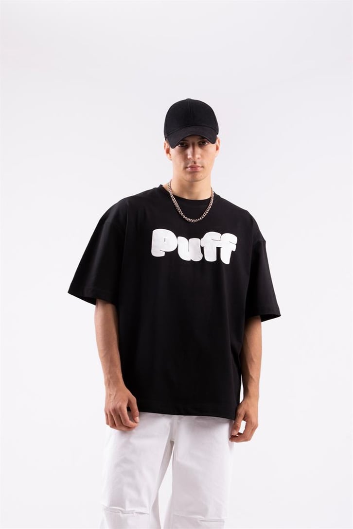 Puff Baskılı Siyah Oversize Tshirt
