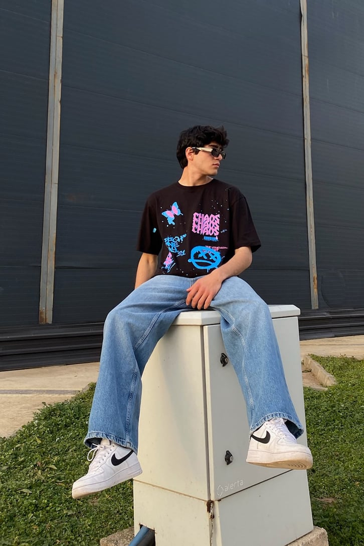 Purple Trip Baskılı Oversize Siyah Tshirt