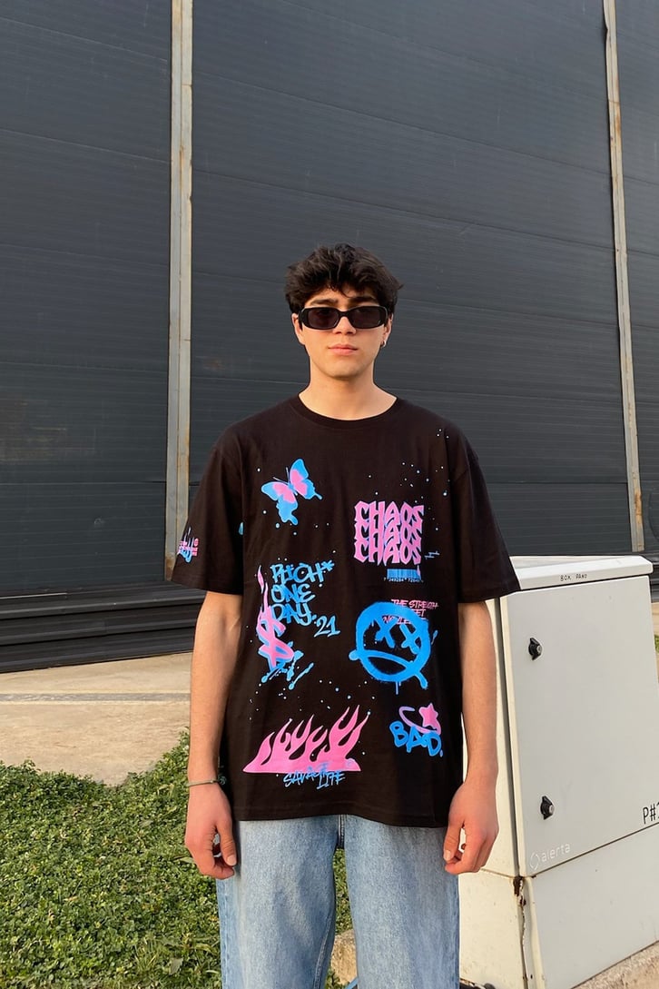 Purple Trip Baskılı Oversize Siyah Tshirt