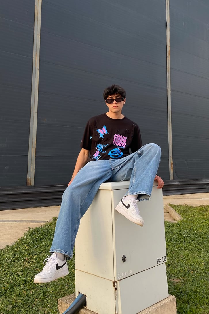 Purple Trip Baskılı Oversize Siyah Tshirt