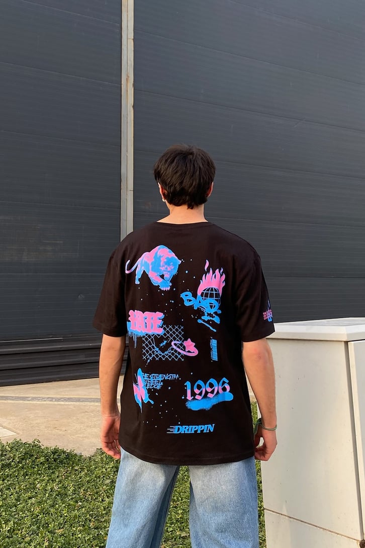 Purple Trip Baskılı Oversize Siyah Tshirt