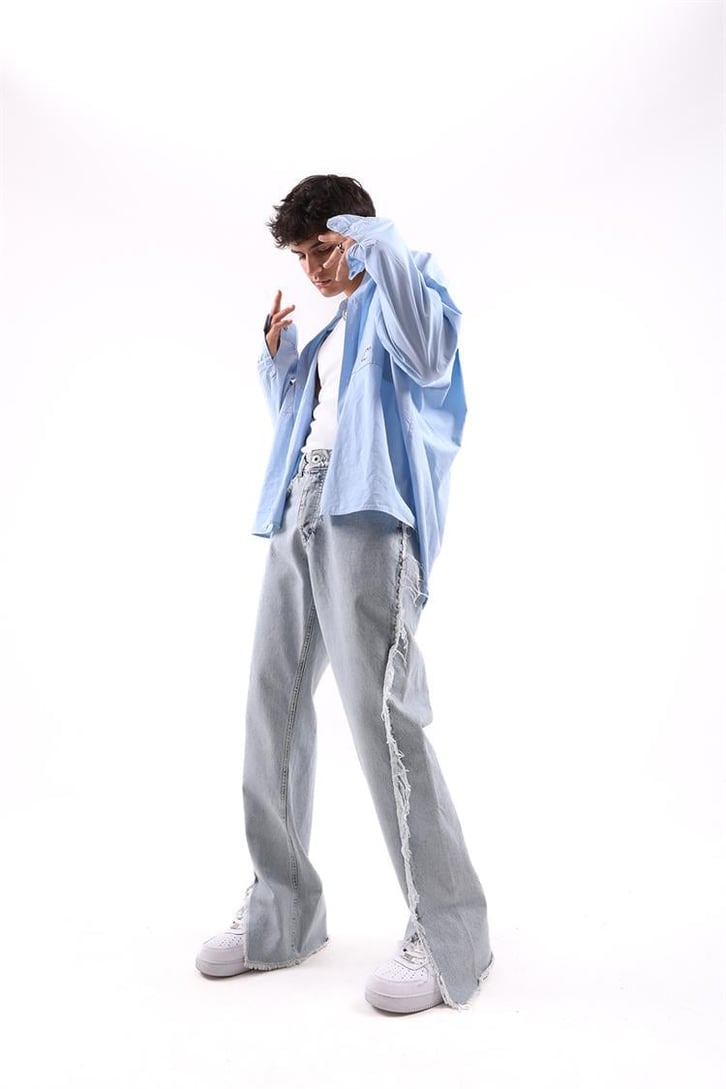 Püskül Detaylı Yırtmaçlı Baggy Jean