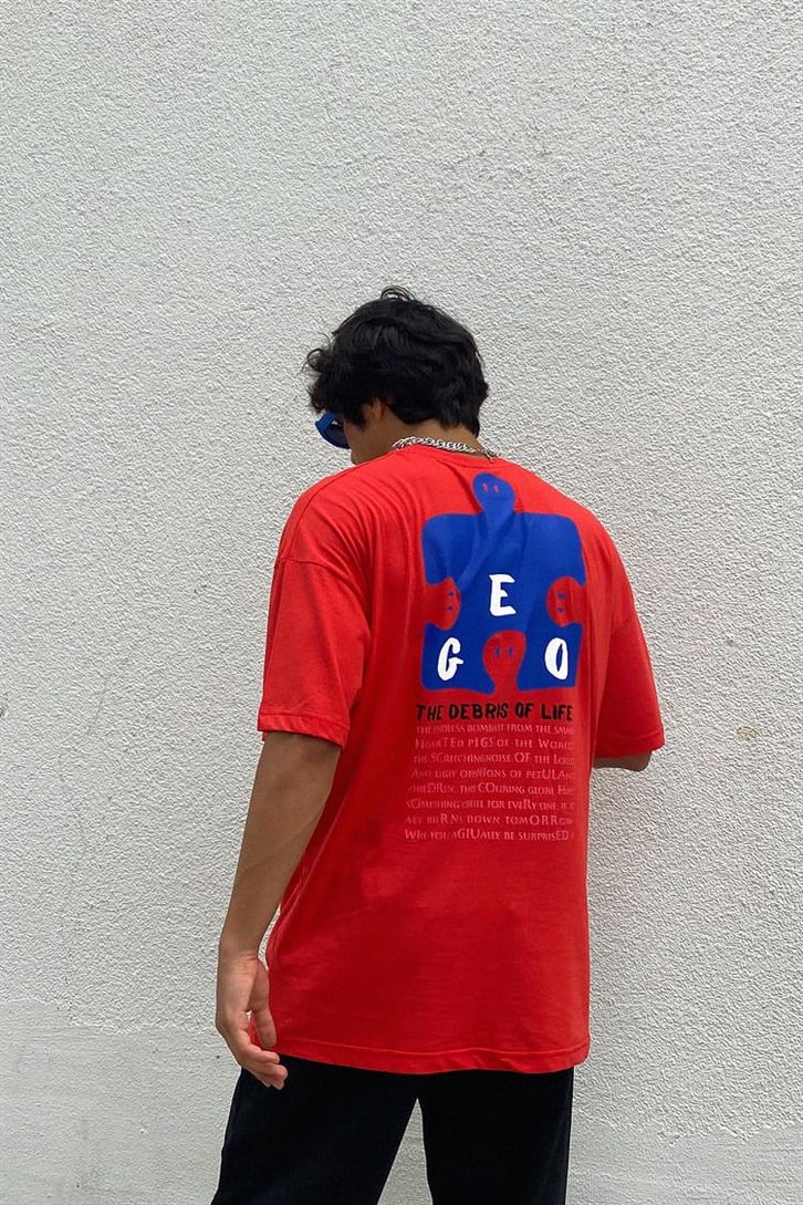 Puzzle Ego Baskılı Kırmızı Oversize Tişört