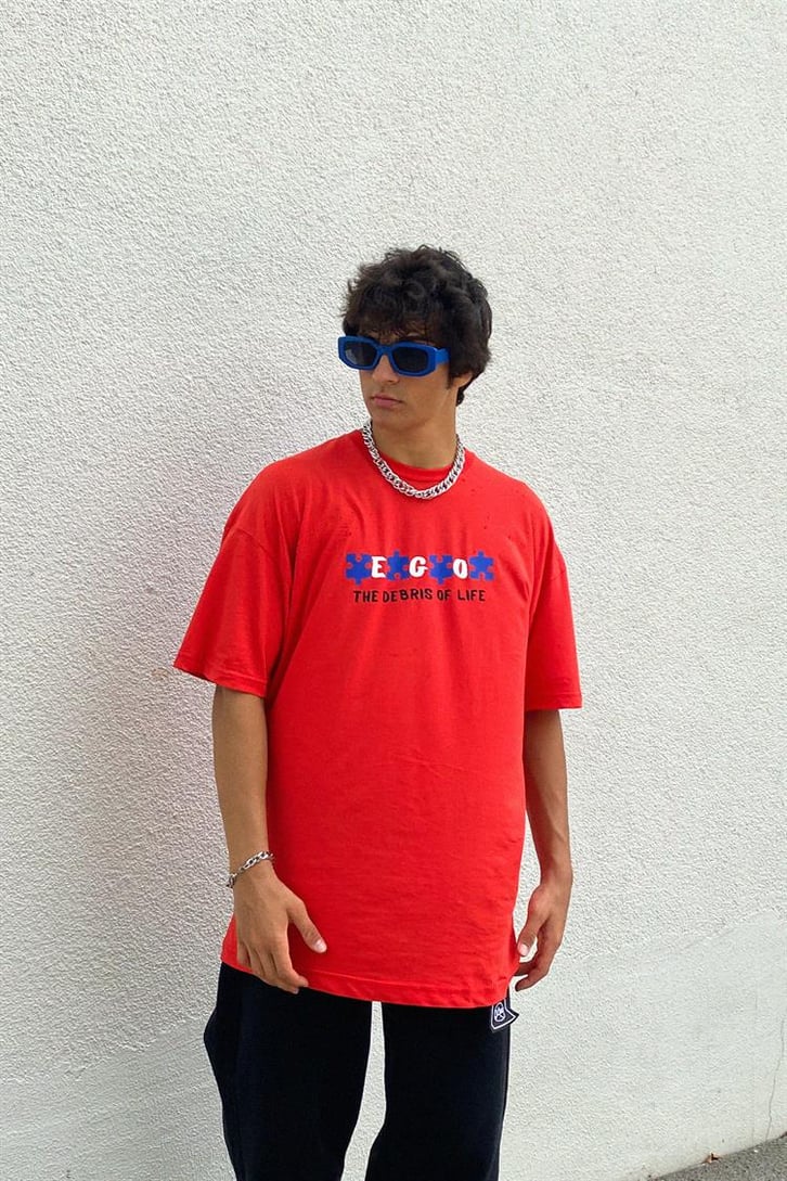 Puzzle Ego Baskılı Kırmızı Oversize Tişört