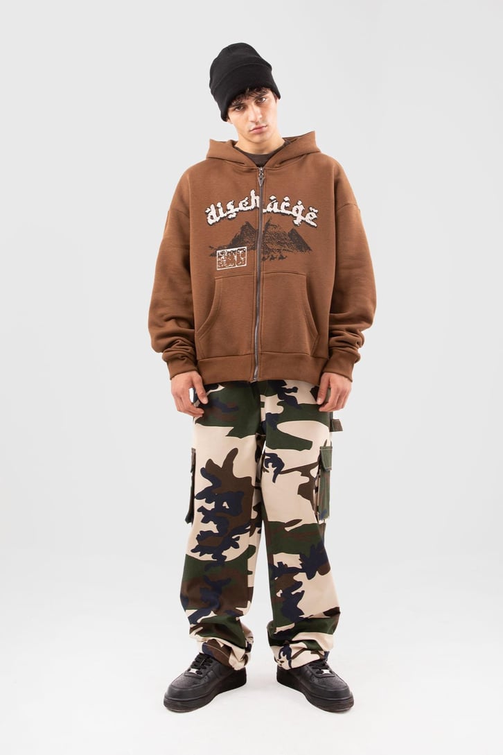 Pyramid Baskılı Kahverengi Zip Hoodie