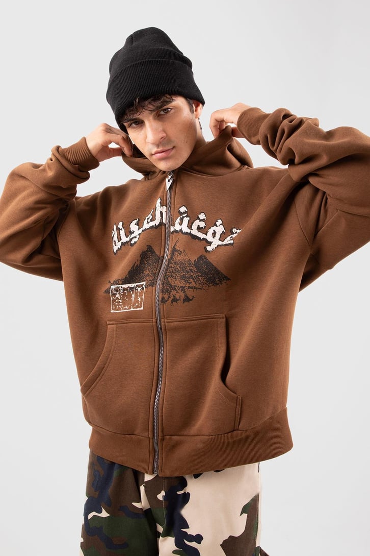 Pyramid Baskılı Kahverengi Zip Hoodie
