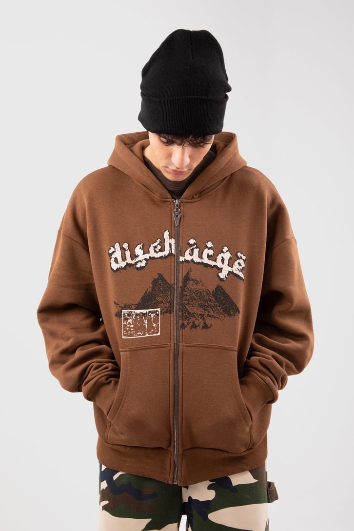 Pyramid Baskılı Kahverengi Zip Hoodie