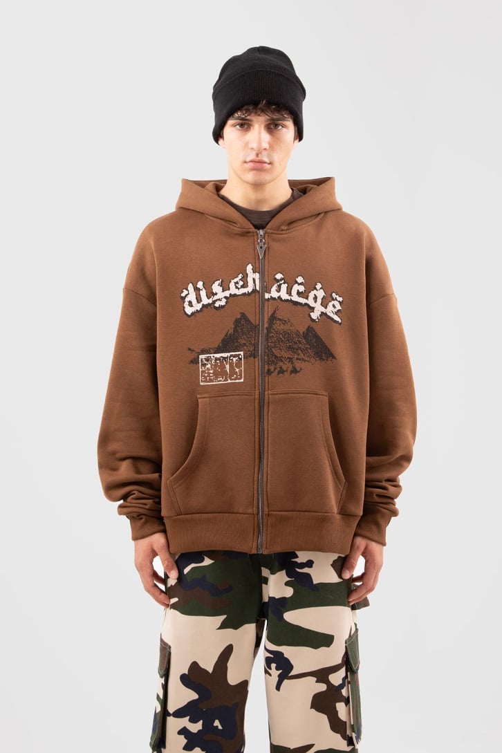 Pyramid Baskılı Kahverengi Zip Hoodie