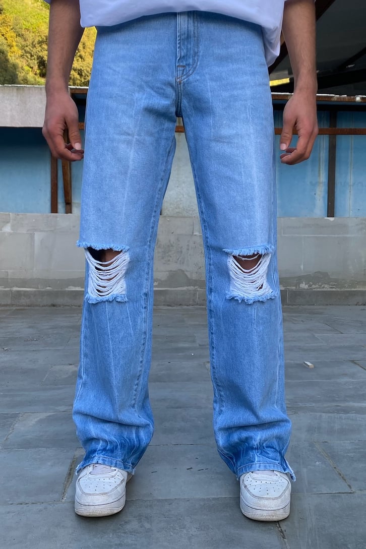 Quad Yırtık Detaylı Mavi Baggy Jean