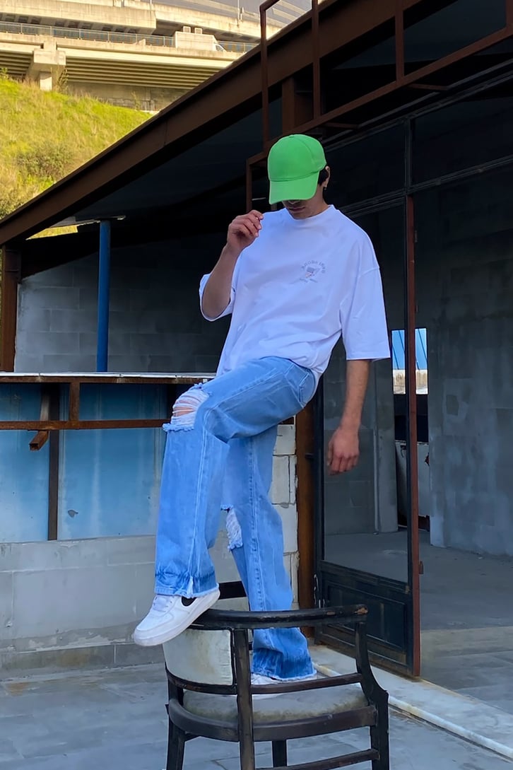 Quad Yırtık Detaylı Mavi Baggy Jean