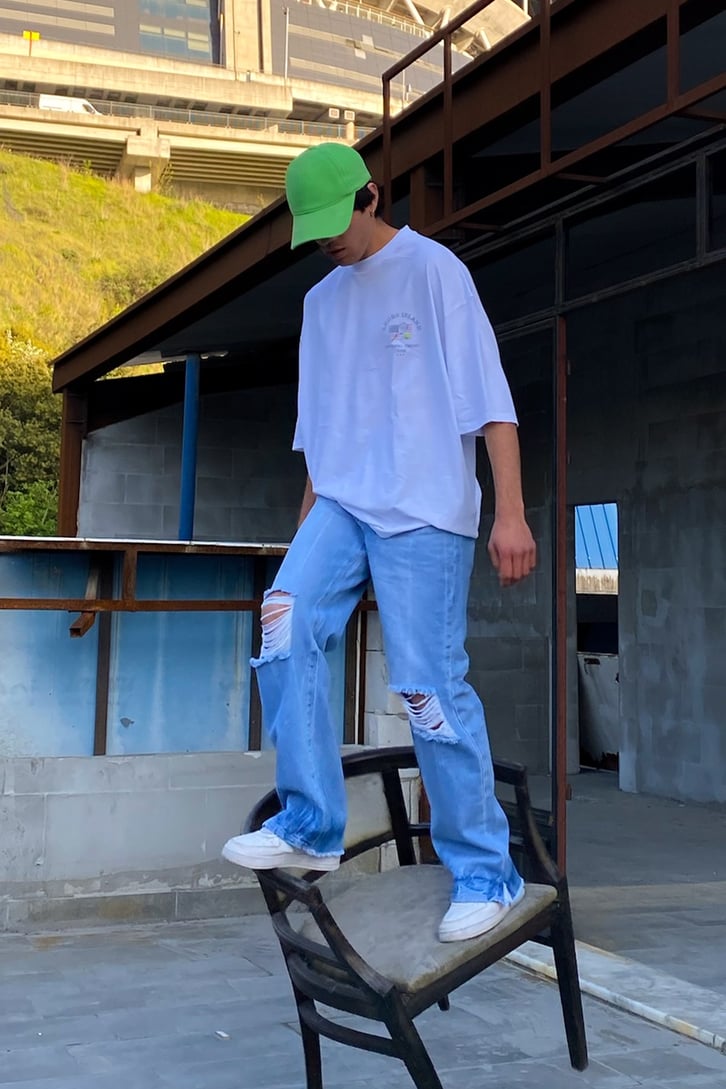 Quad Yırtık Detaylı Mavi Baggy Jean