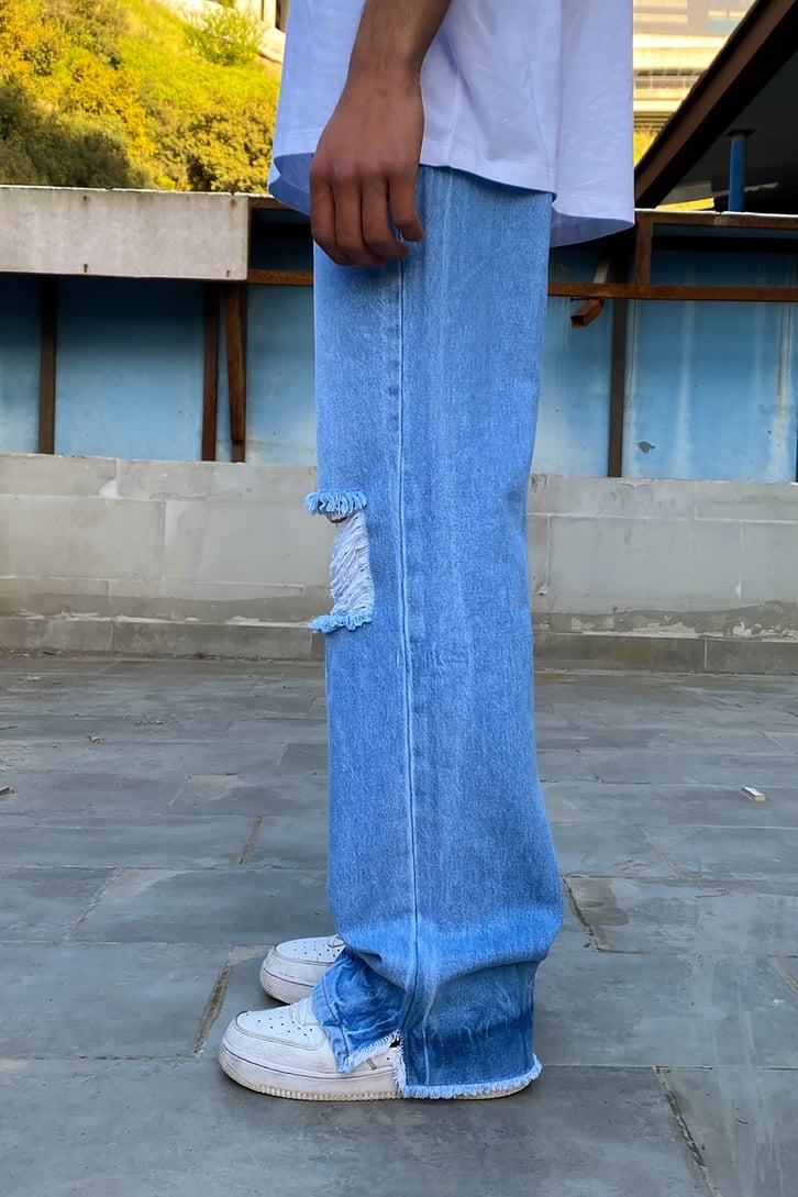 Quad Yırtık Detaylı Mavi Baggy Jean