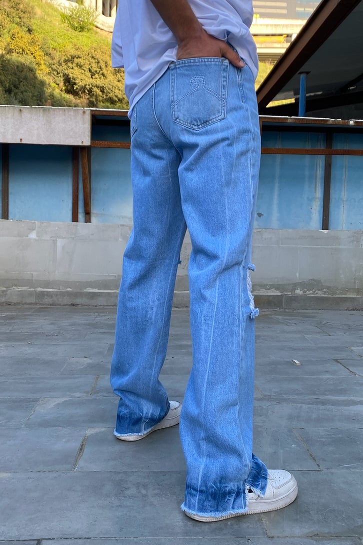 Quad Yırtık Detaylı Mavi Baggy Jean