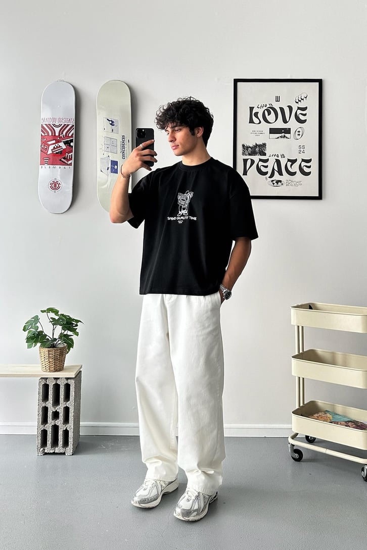 Quality Time Baskılı Oversize Tişört