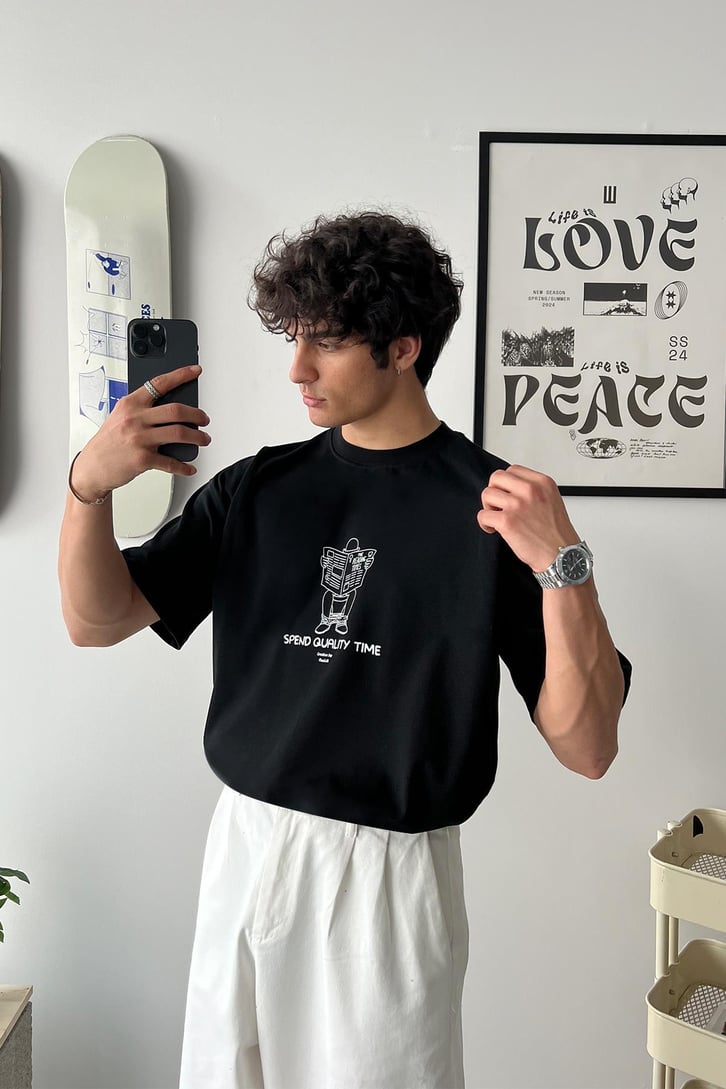 Quality Time Baskılı Oversize Tişört