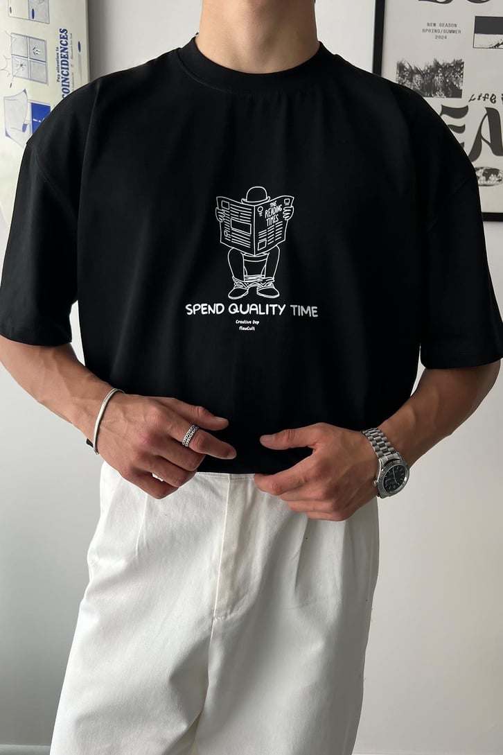 Quality Time Baskılı Oversize Tişört