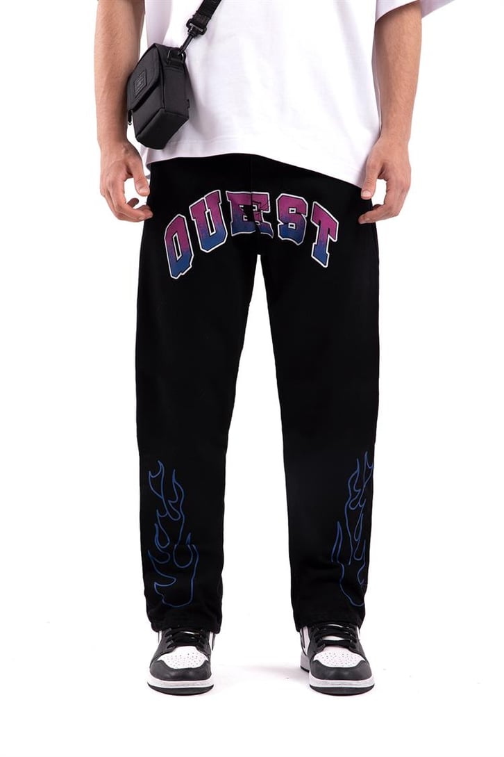 Quest Flame Baskılı Siyah Baggy Jean