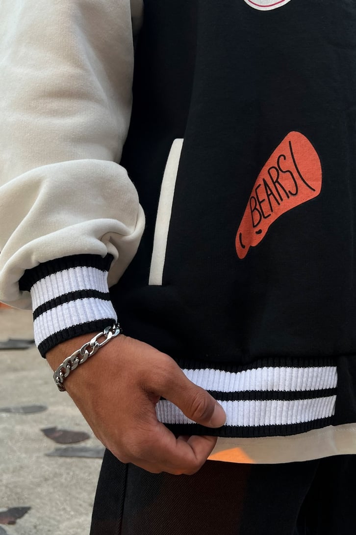 R Letter Baskılı Siyah Kolej Ceket