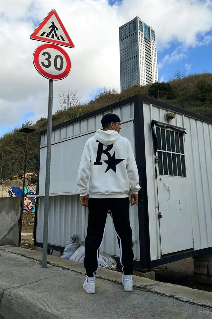 R Star Sırt Baskılı Beyaz İçi Pamuklu Oversize Hoodie