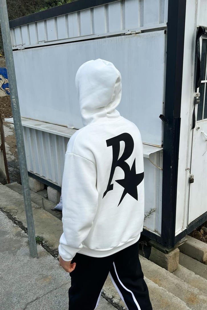 R Star Sırt Baskılı Beyaz İçi Pamuklu Oversize Hoodie