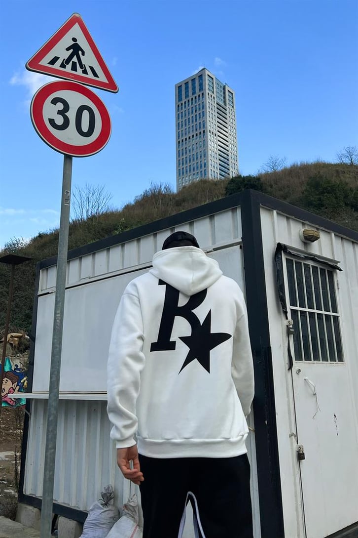 R Star Sırt Baskılı Beyaz İçi Pamuklu Oversize Hoodie