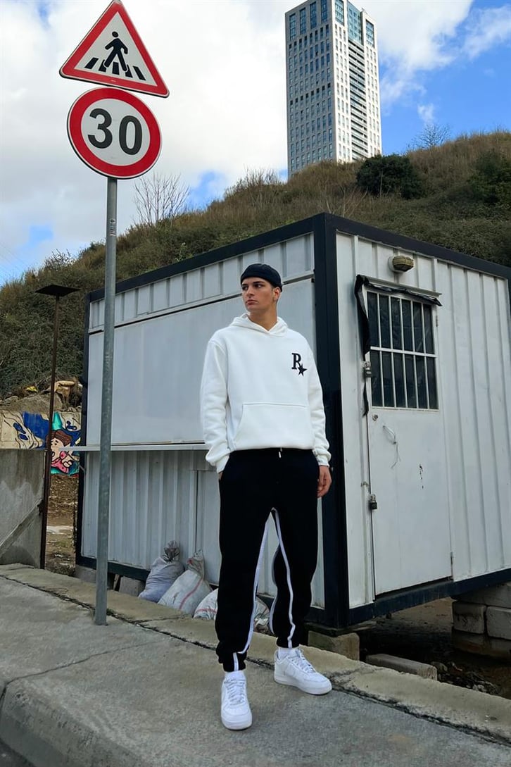R Star Sırt Baskılı Beyaz İçi Pamuklu Oversize Hoodie