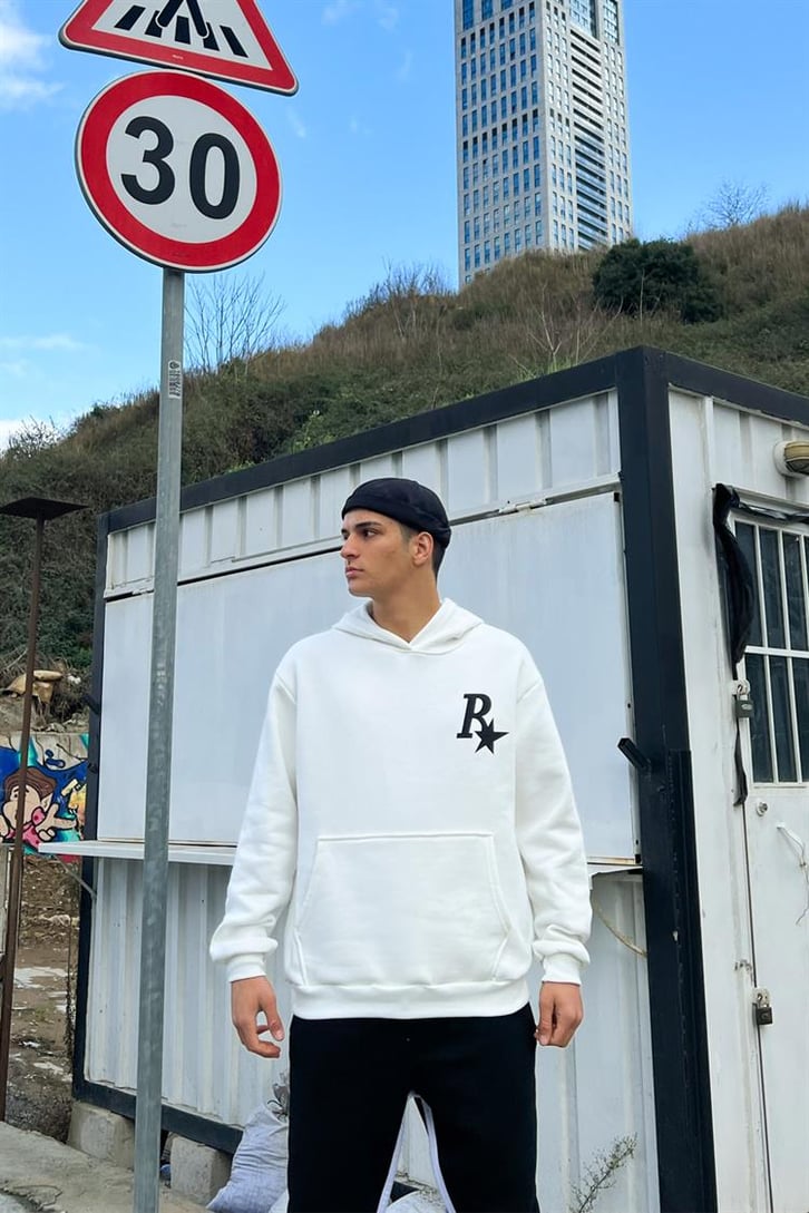R Star Sırt Baskılı Beyaz İçi Pamuklu Oversize Hoodie