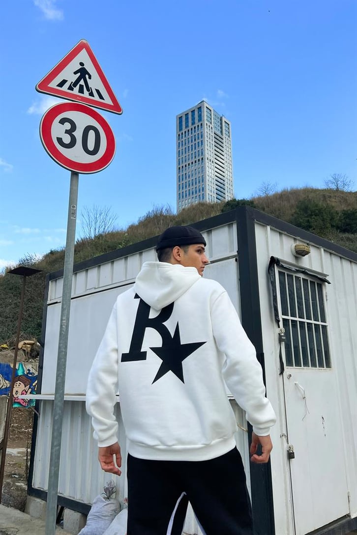 R Star Sırt Baskılı Beyaz İçi Pamuklu Oversize Hoodie