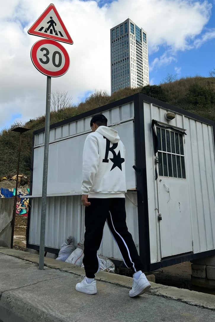 R Star Sırt Baskılı Beyaz İçi Pamuklu Oversize Hoodie